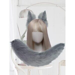 🆕 Halloween Grey Cat Fox Wolf Ears Animal Tail Cosplay Furry Costume Accessory